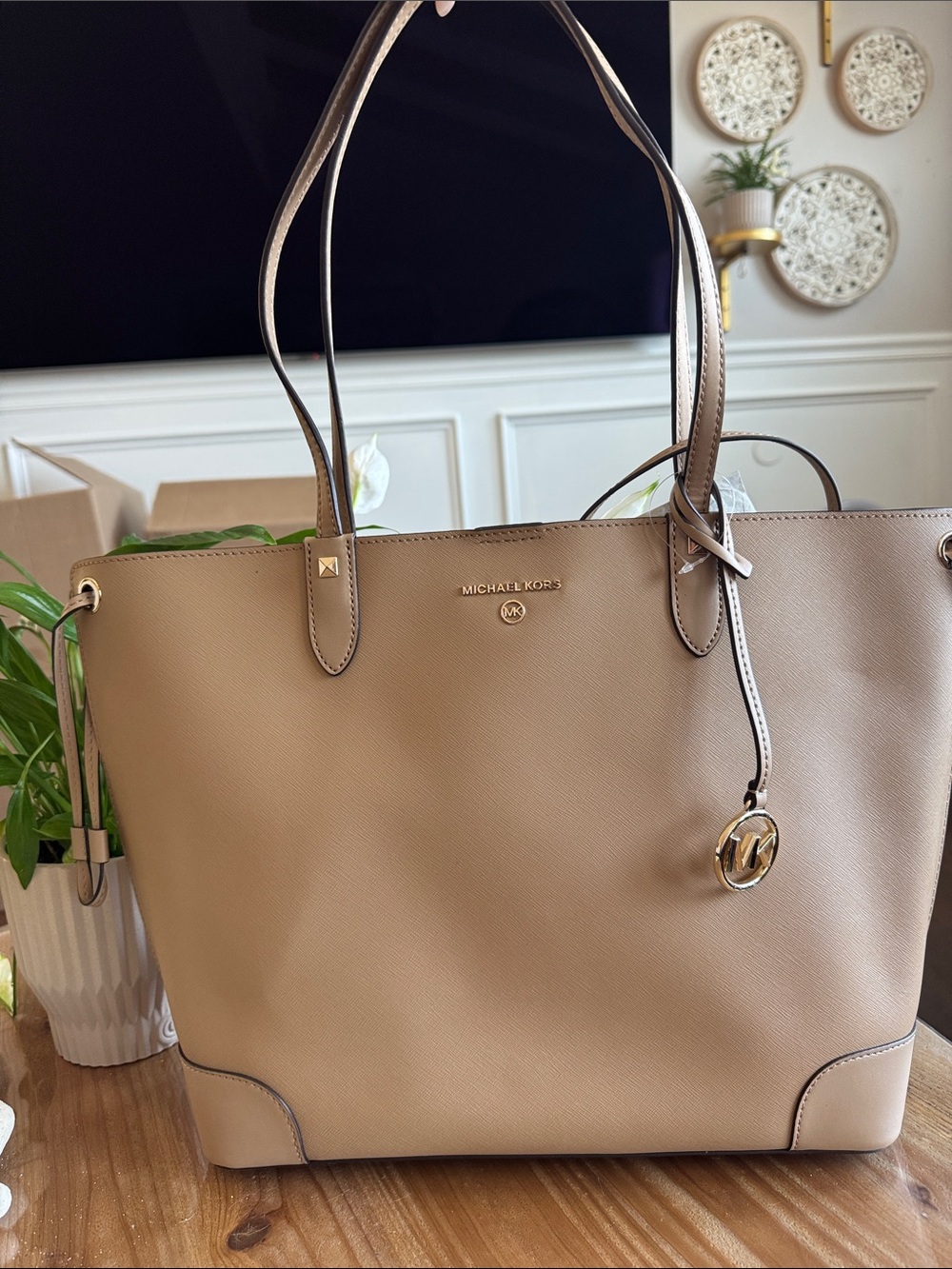 Michael Kors Taupe Saffiano Leather Tote with Gold Hardware